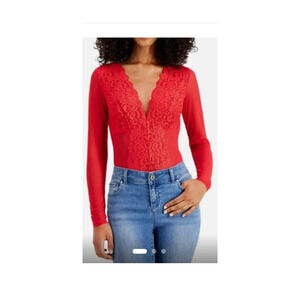 INC International Concepts Sz M NOT SO BASIC Sheer Sleeve Red Bodysuit